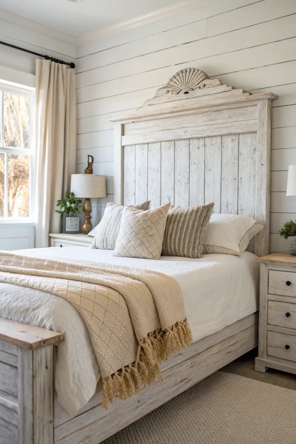 Transform your bedroom with a stunning shiplap headboard that embodies rustic elegance and minimalist charm. 🌿✨ #ScandiBoho #ShiplapHeadboard