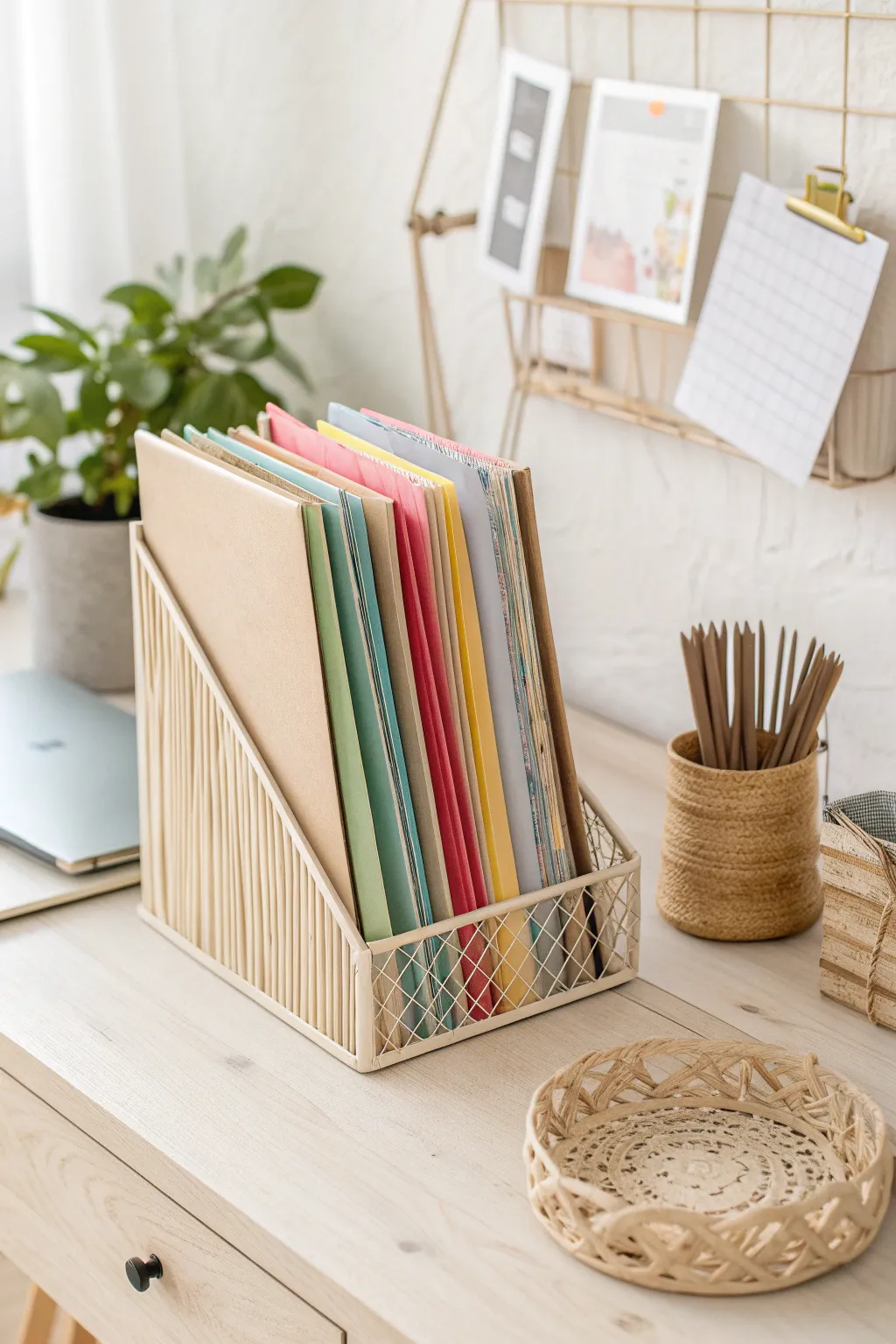 Elevate your craft corner with chic vertical file organizers for easy access and a touch of style.