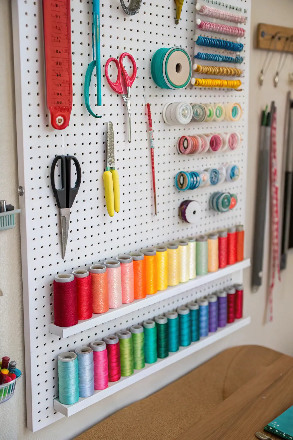 A pegboard setup with sewing tools and threads for easy access.