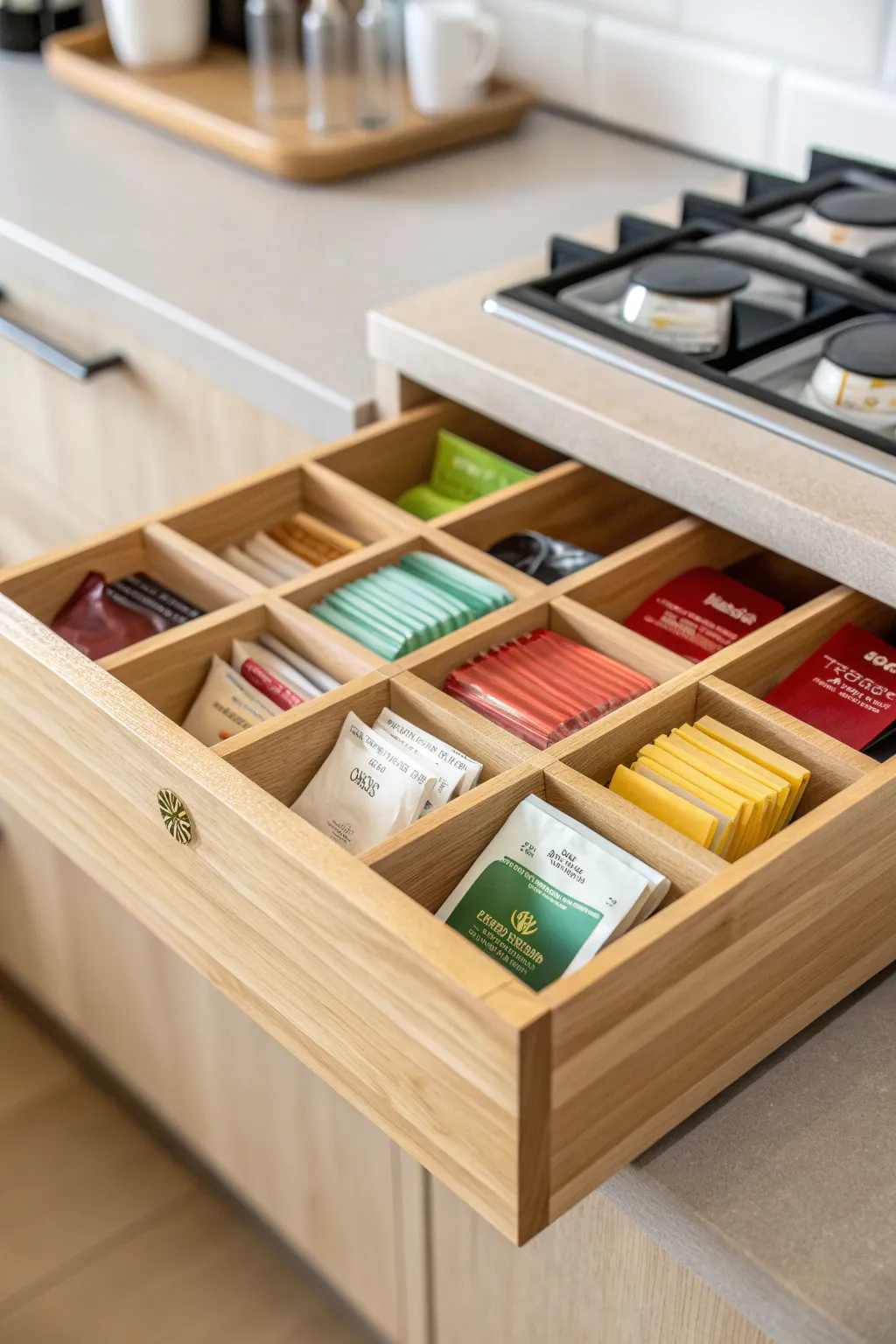 Transform chaos into calm with elegant wooden dividers for your tea collection. #TeaOrganization #ScandiStyle