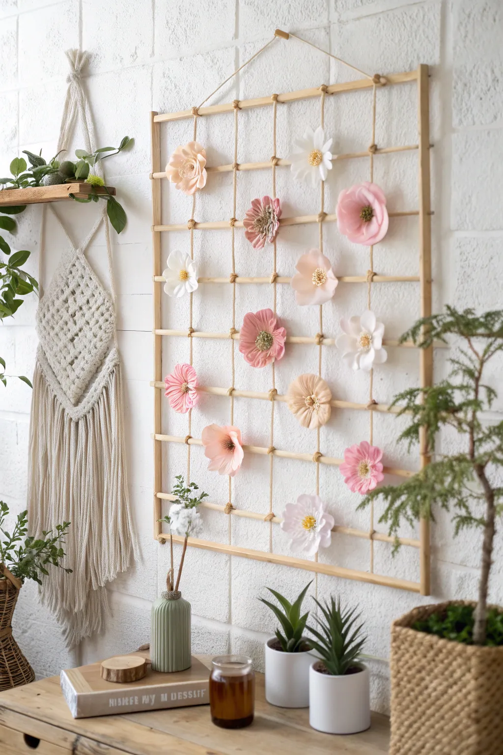 Elevate your space with a touch of nature and elegance: discover the beauty of wall-mounted grid storage for your faux florals.