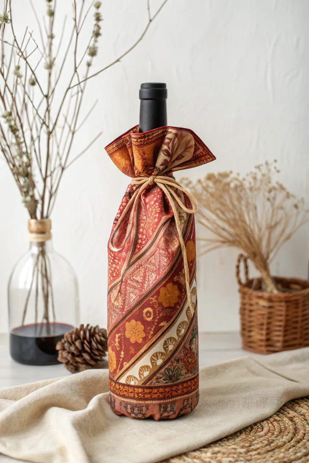 Wrap your wine bottle in boho elegance for a personal touch.