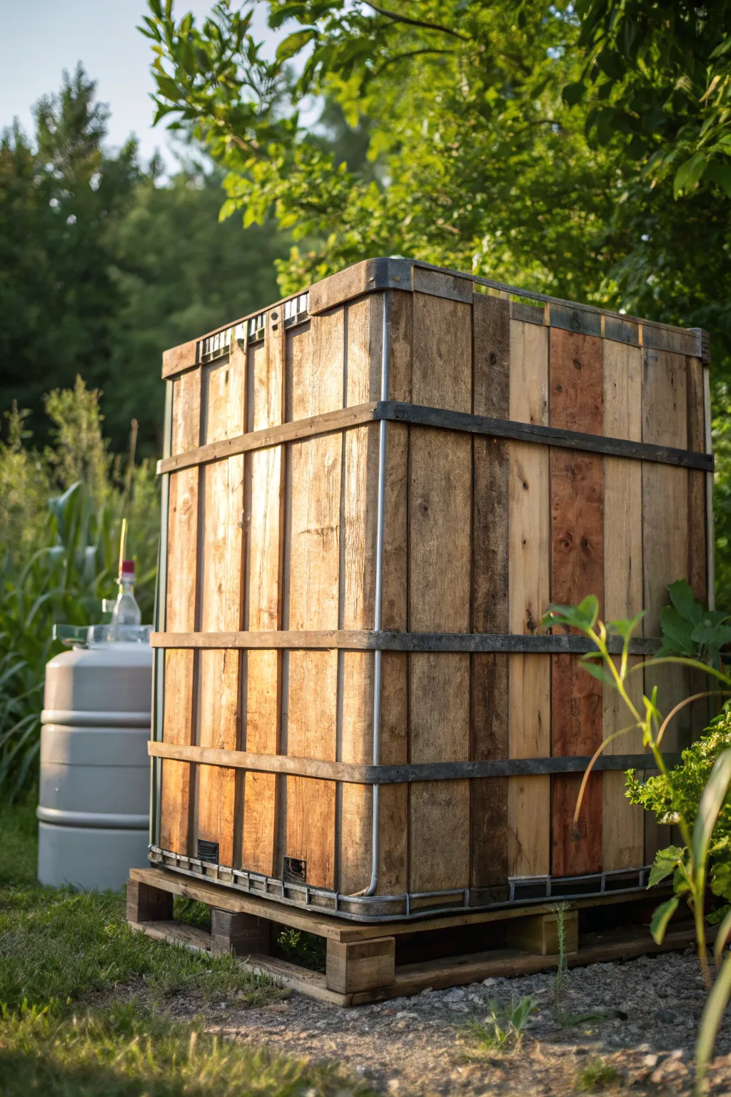 Transform your IBC container into a rustic backyard masterpiece with reclaimed wood paneling.