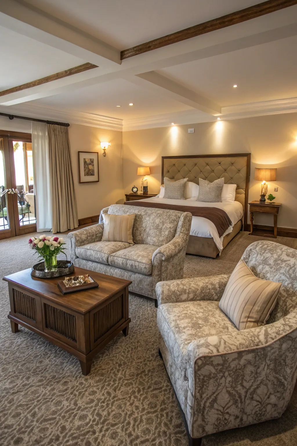 A seating area adds warmth and function to a spacious bedroom.