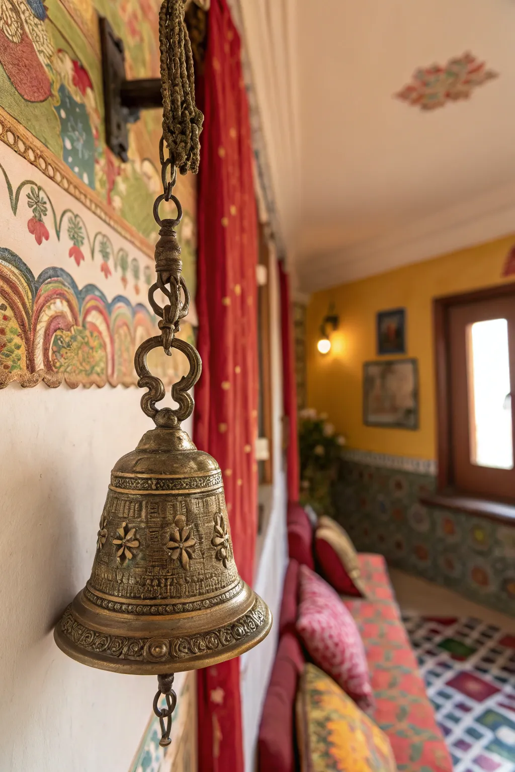 A decorative brass bell adds charm and spirituality to the home.