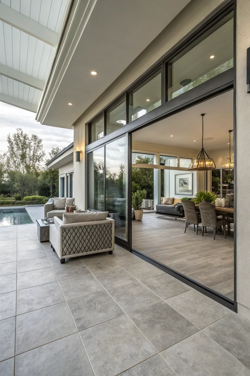 Porcelain tiles create a seamless indoor-outdoor connection.