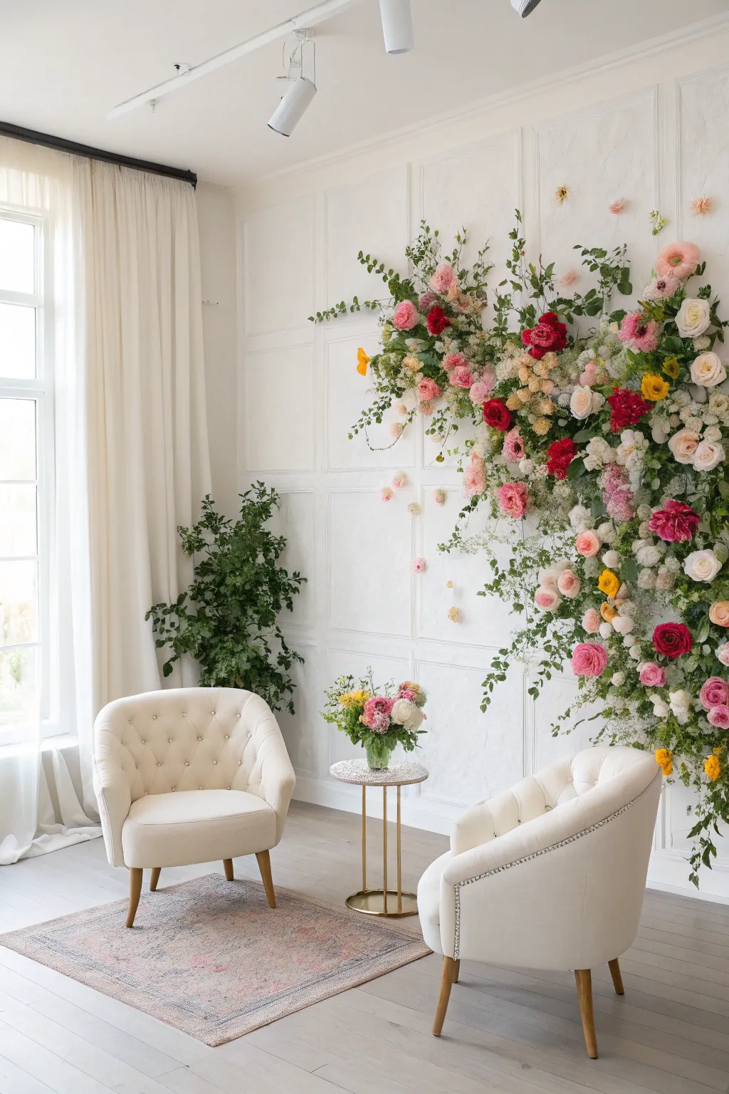 Transform your space into a blooming oasis with a stunning floral wall backdrop. Perfect for capturing the essence of spring indoors.