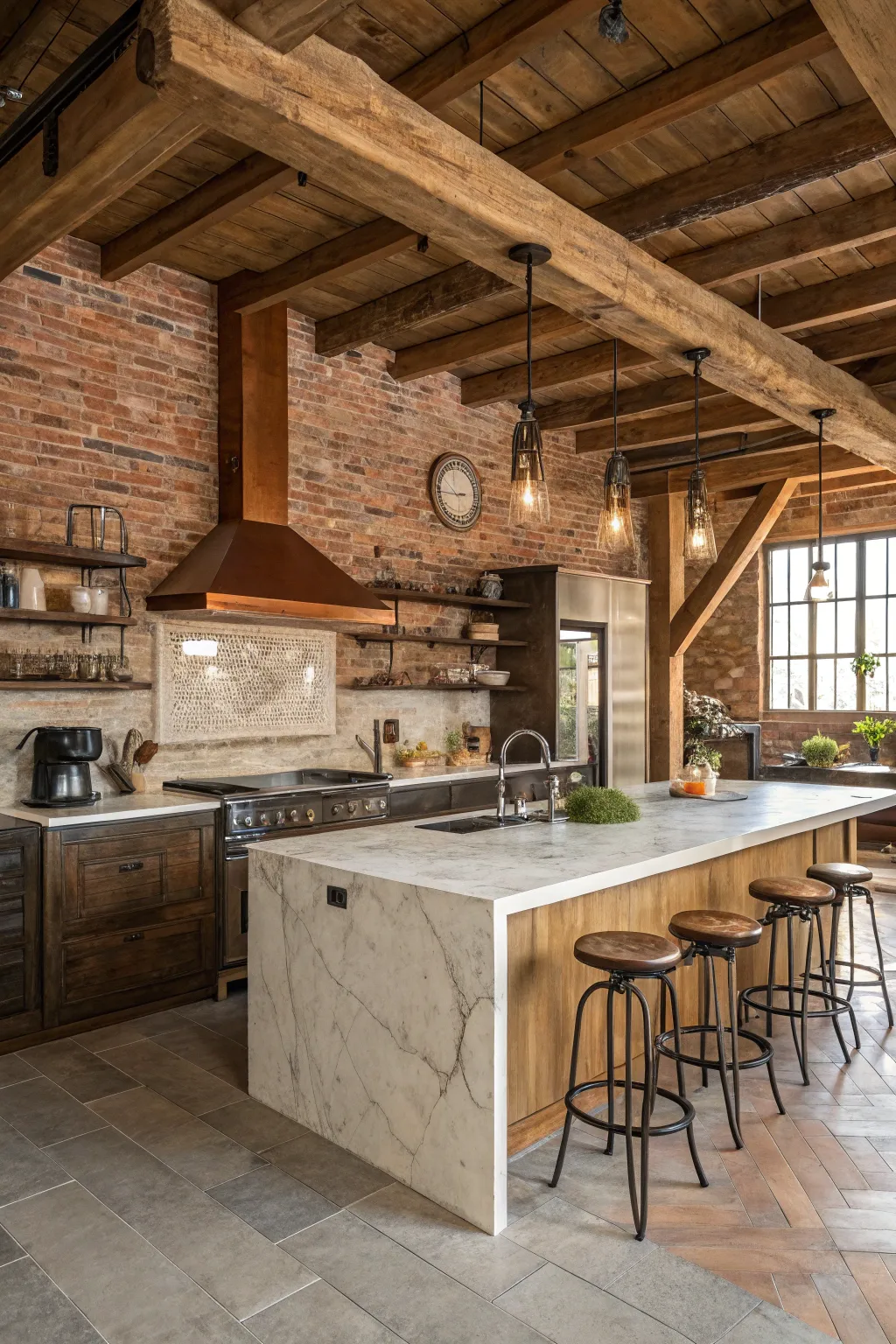 Exposed beams and brick walls add rustic charm to this industrial farmhouse kitchen.