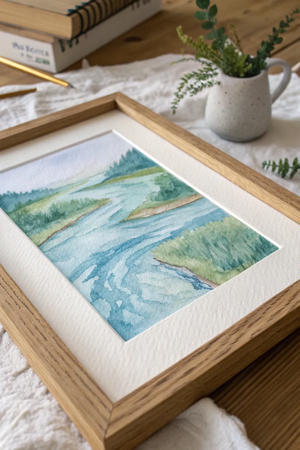 Embrace the serene beauty of flowing waters with minimalist watercolor artistry.