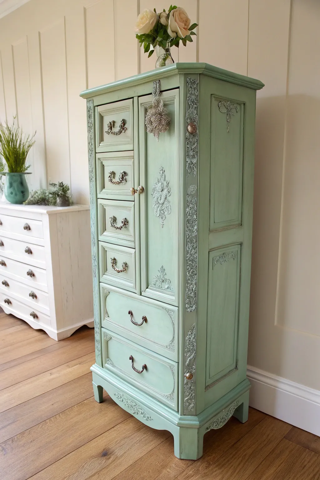 Transform your armoire into a shabby-chic masterpiece with dreamy mint green chalk paint. #FurnitureMakeover #ShabbyChicStyle