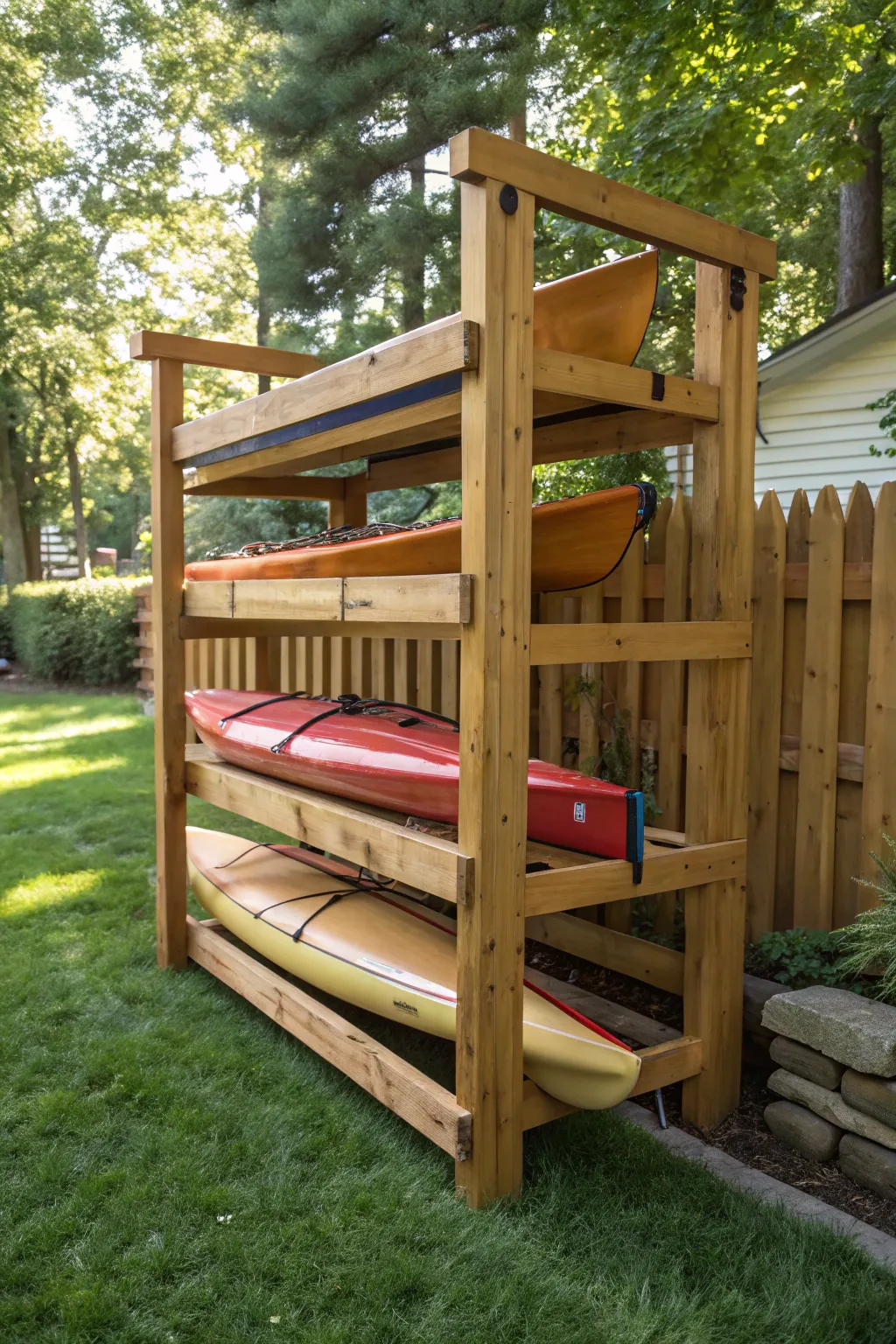 Elevate your kayak storage with this artisanal wooden rack masterpiece.