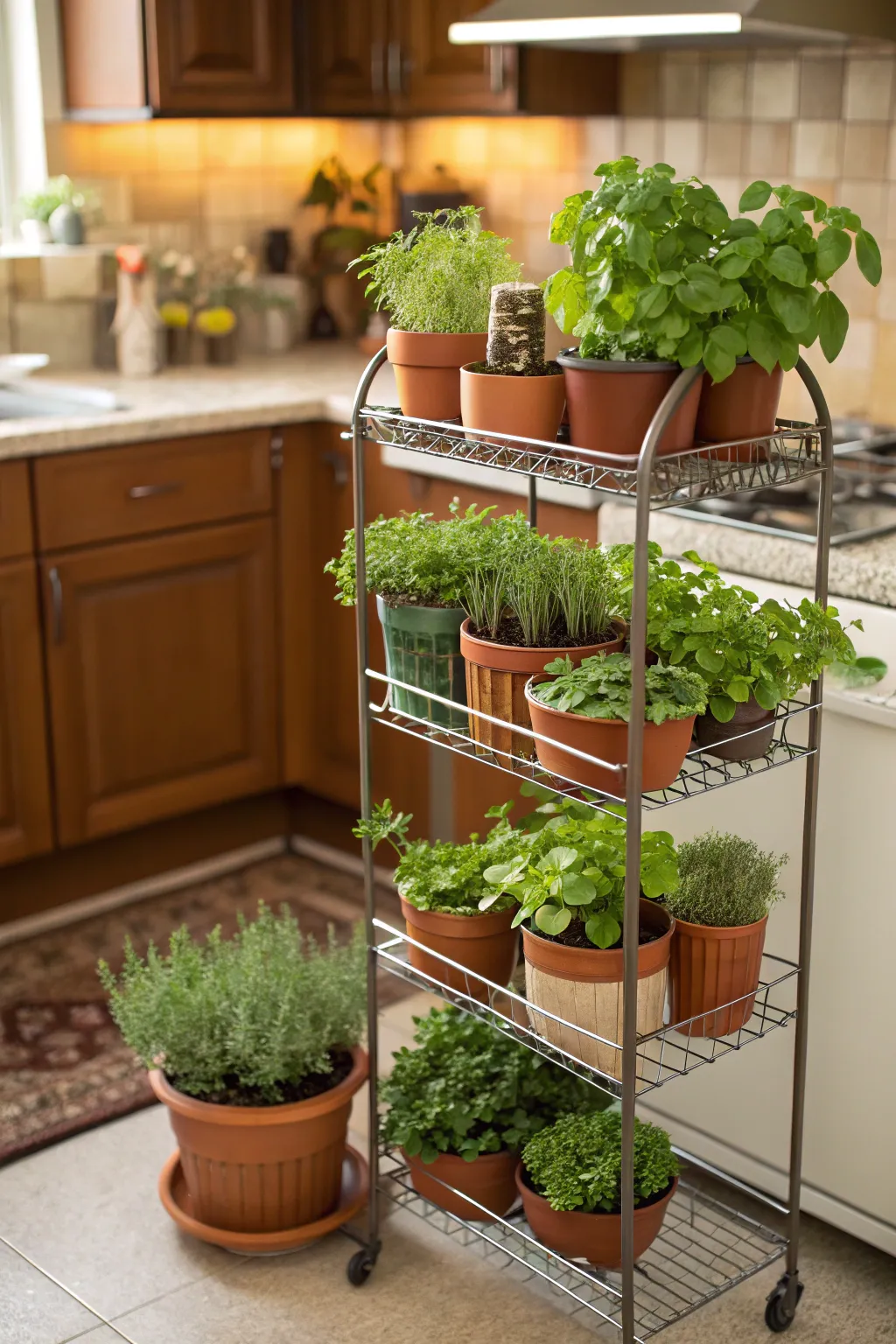 Lush greenery brings life to a kitchen bakers rack.