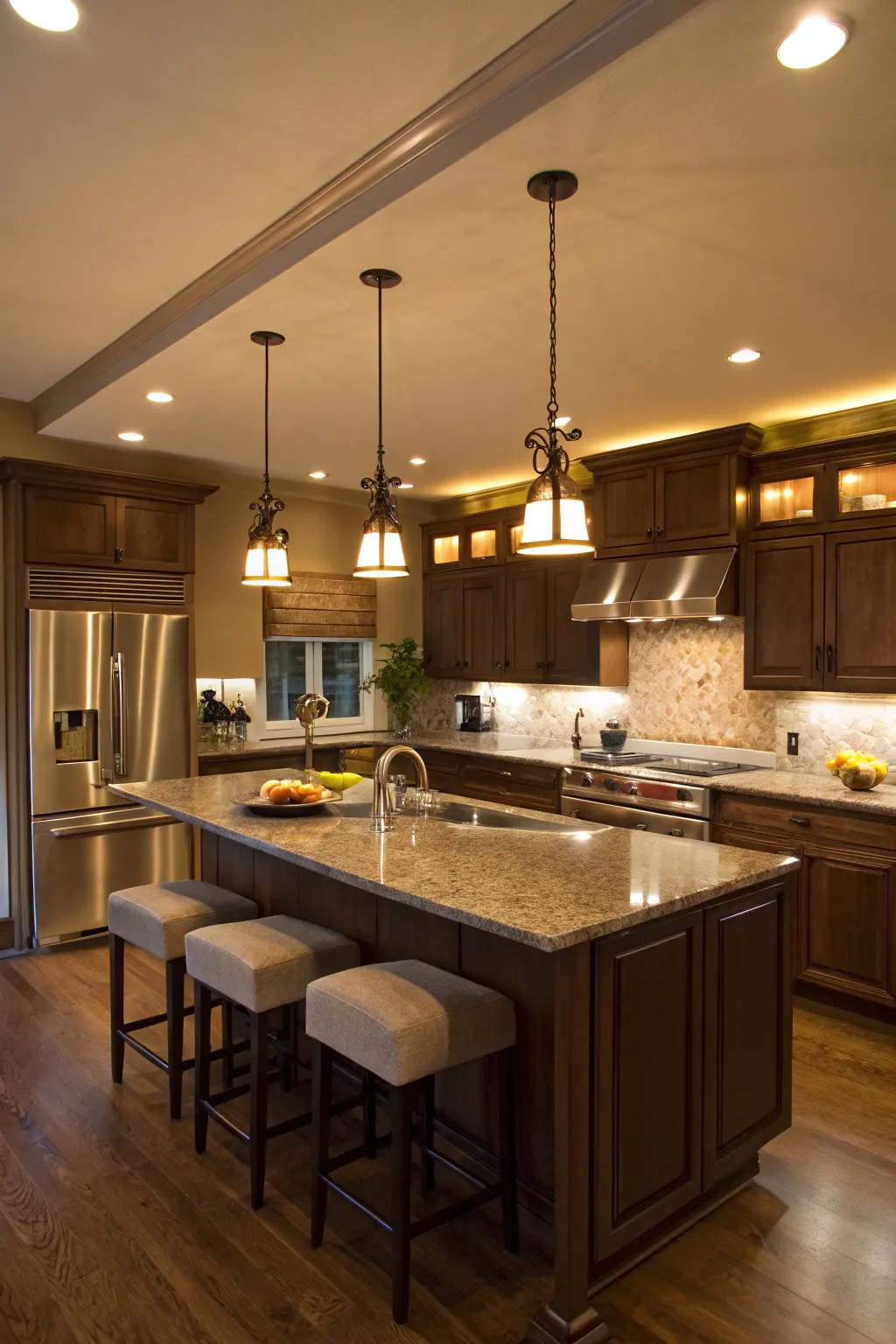 Recessed lighting in a kitchen bulkhead, casting a warm glow over the space.