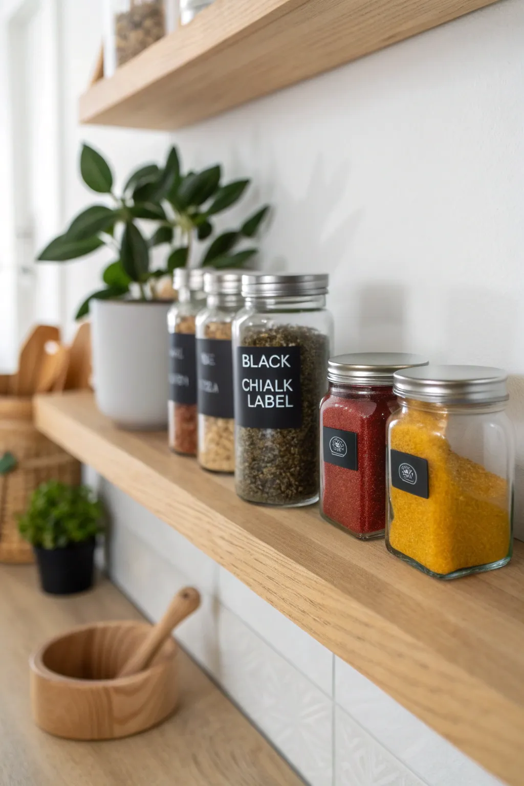 Organize your kitchen with elegant chalkboard spice jars, blending minimalist design with boho charm.