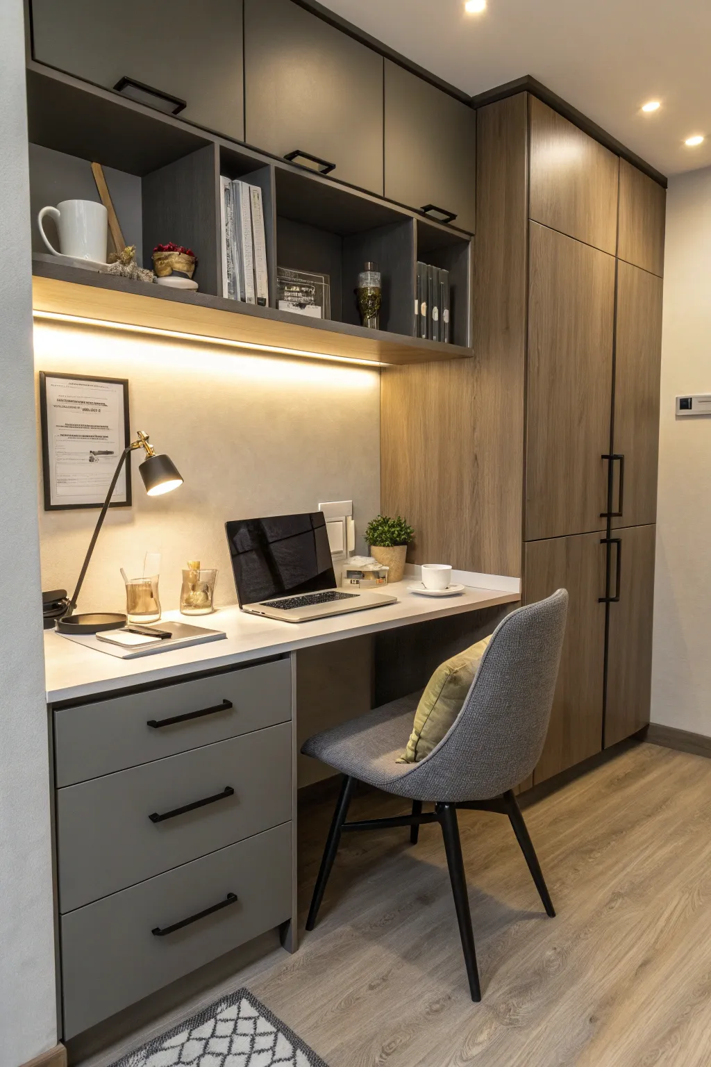 A compact workstation cleverly integrated into a kitchen corner.