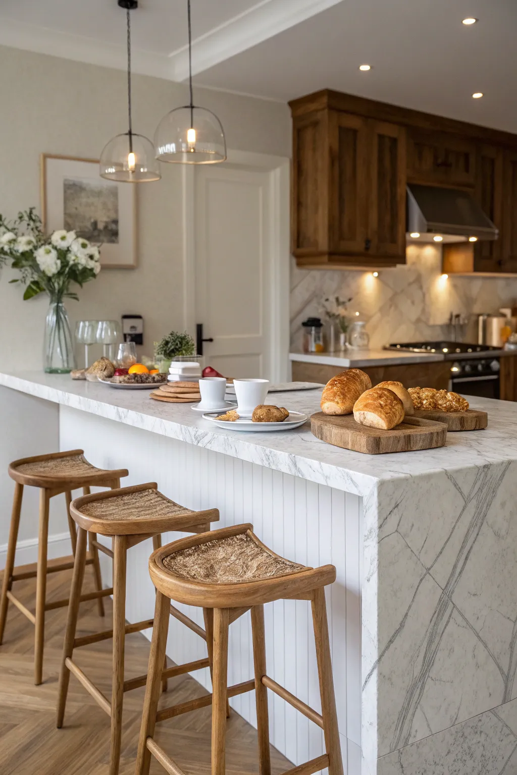 A breakfast bar setup on a kitchen peninsula for casual dining.