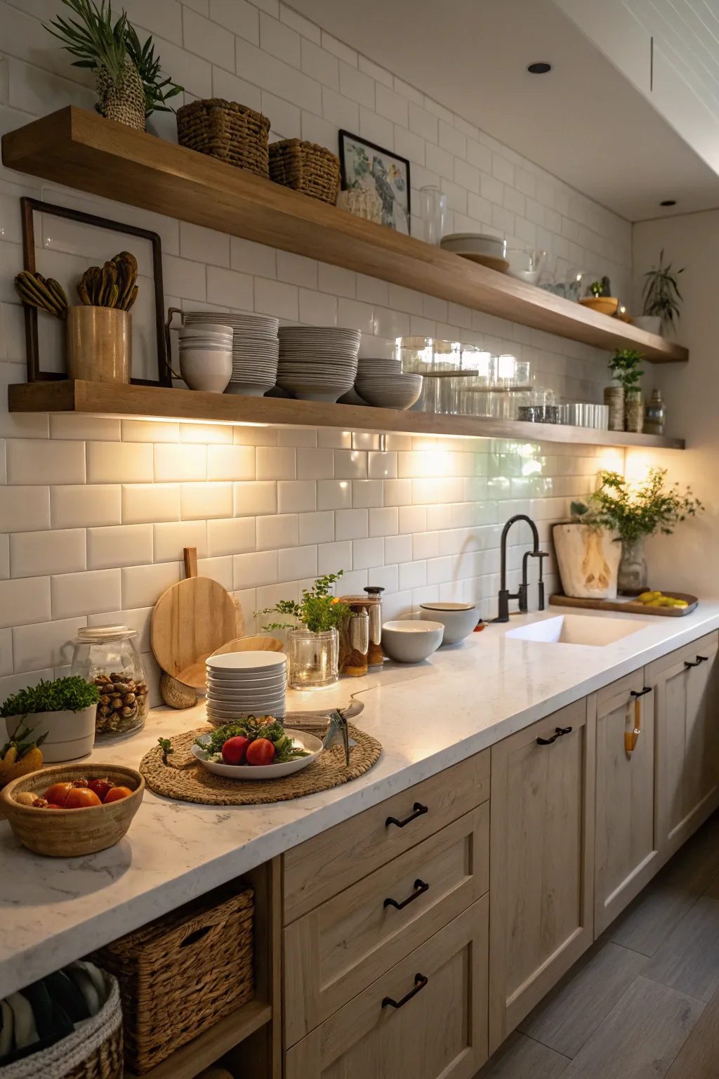 White countertops paired with wooden shelves create a warm and inviting kitchen atmosphere.