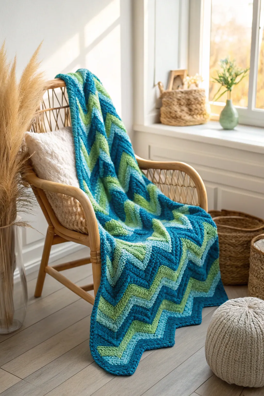 Add a splash of color to your space with this vibrant chevron knit blanket – where craftsmanship meets minimalist elegance.