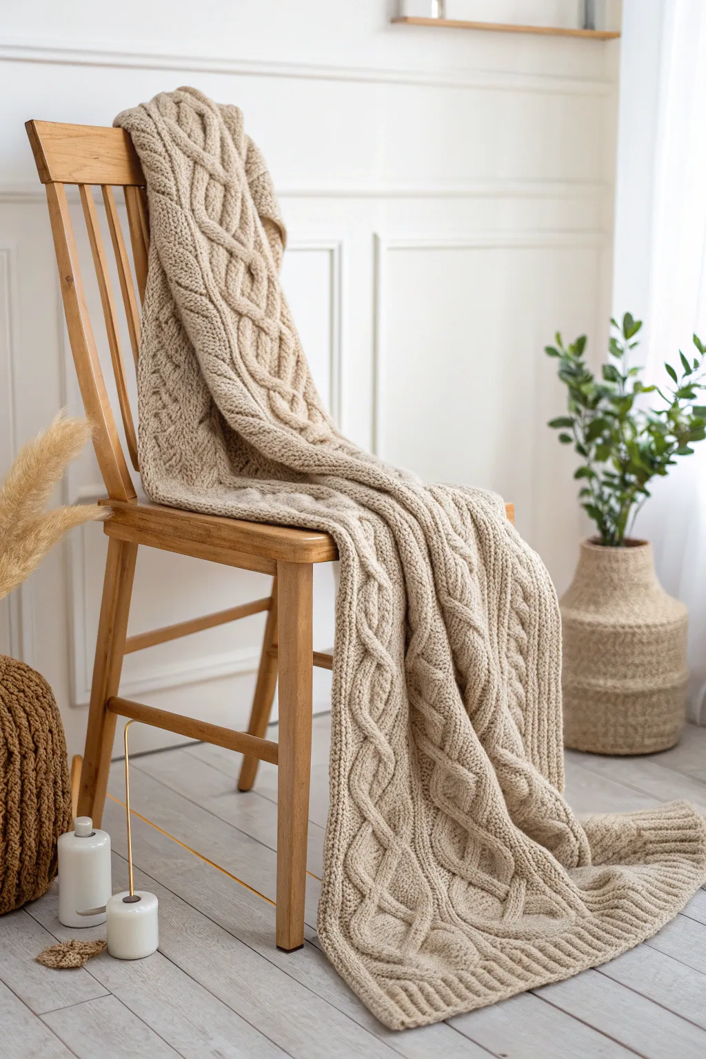 Wrap yourself in the cozy elegance of a chunky cable knit scarf, where craftsmanship meets minimalist beauty.