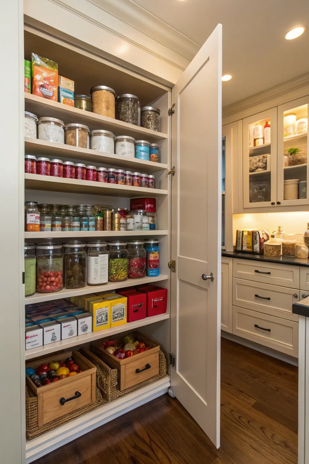 Efficient corner pull-out shelves in an L-shaped pantry, maximizing storage and accessibility.