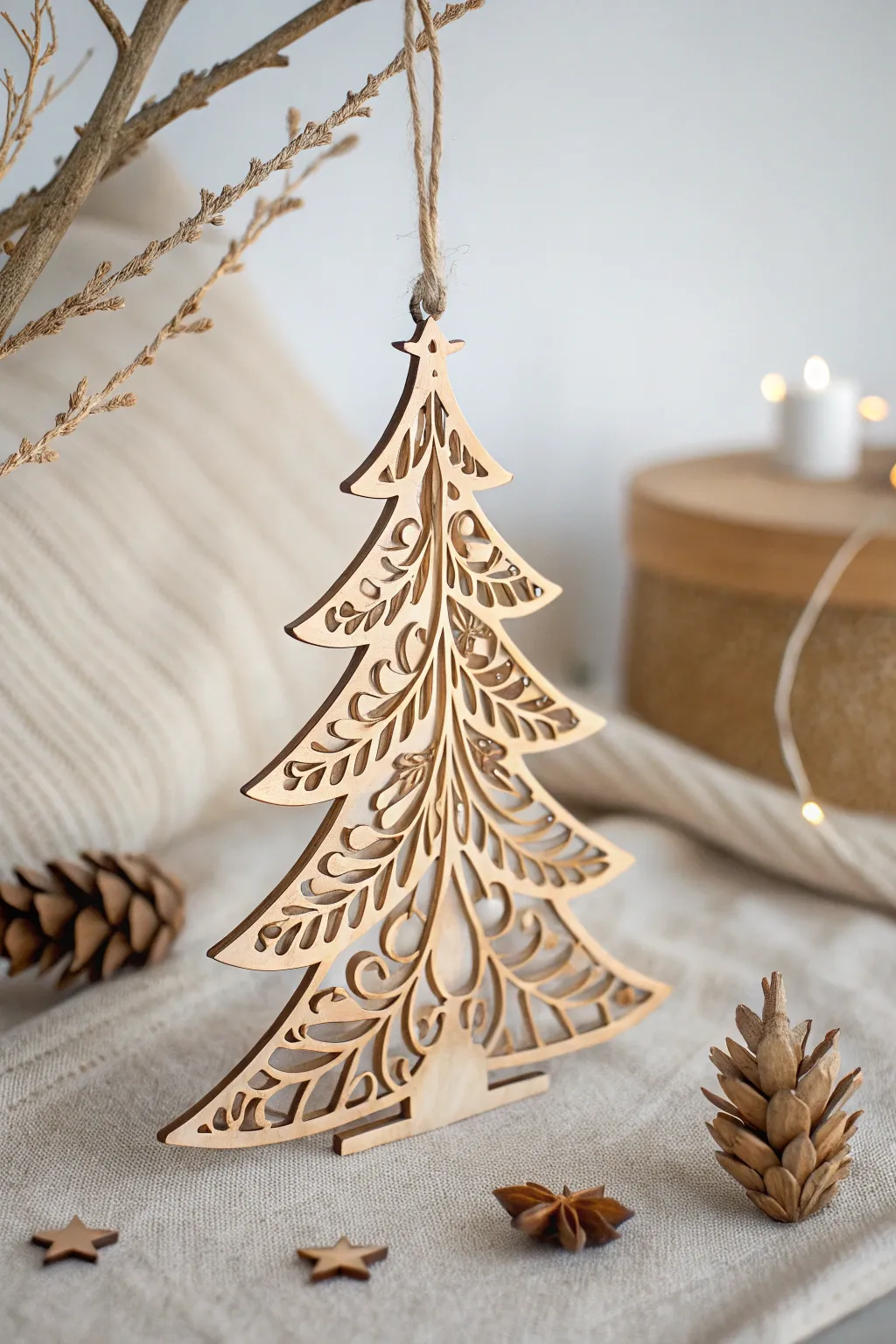 Embrace the festive spirit with this intricately designed laser-cut Christmas tree ornament, blending Scandinavian elegance with Boho charm.