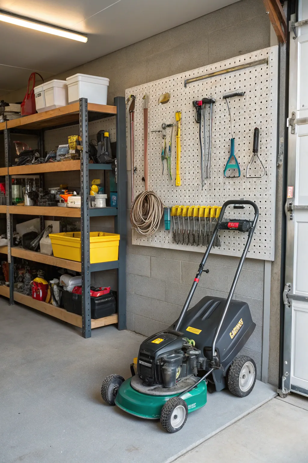 A well-utilized garage corner dedicated to lawn care equipment.