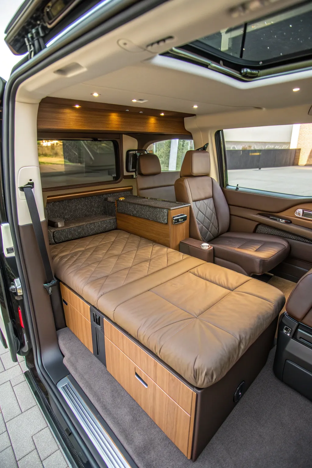 Transform your minivan into the ultimate cozy lounge with foldable cushions and sleek craftsmanship.