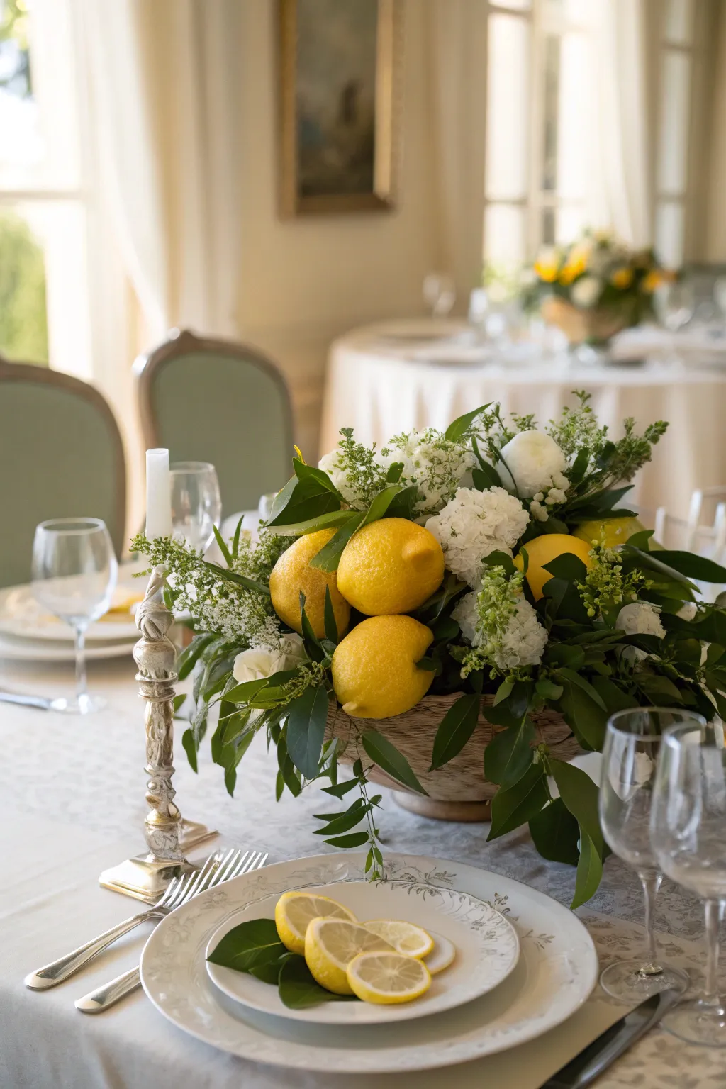 A lemon centerpiece elevates any dining space with natural charm.