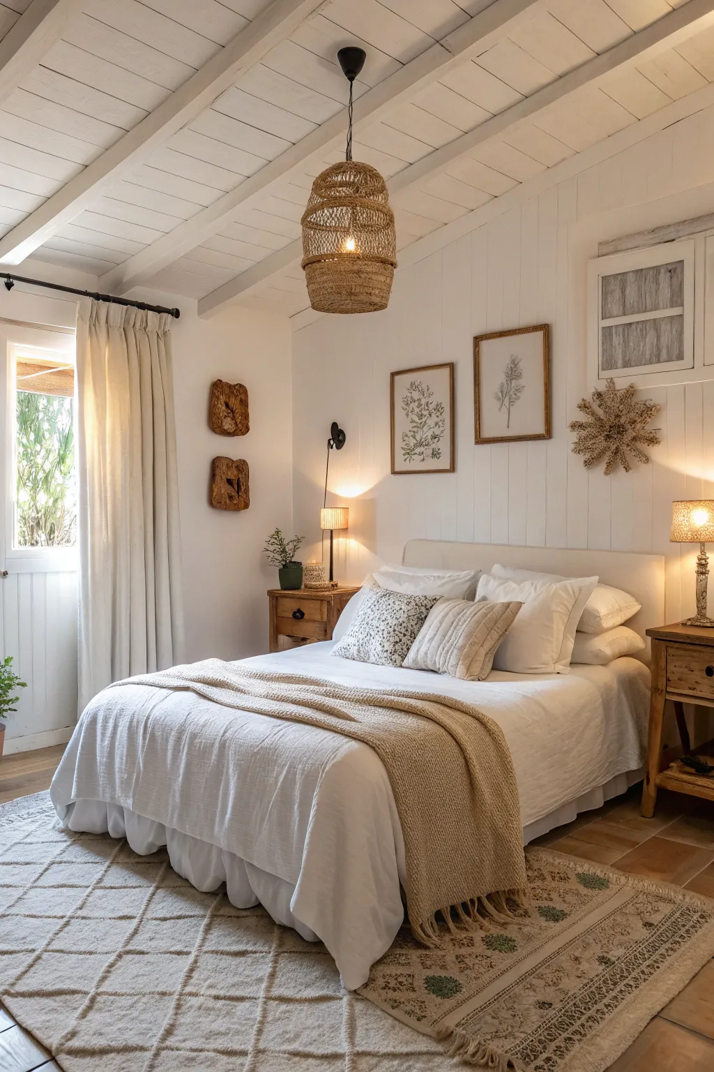 A cozy bedroom with soft white hues creating a serene atmosphere.