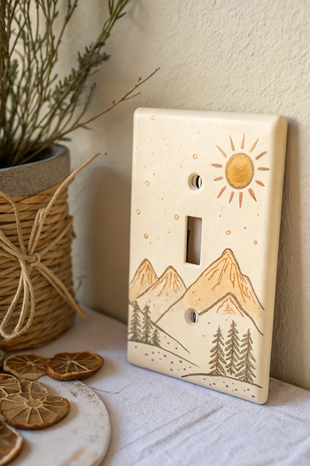 Bring nature's serenity into your home with a sun and mountains light switch cover.