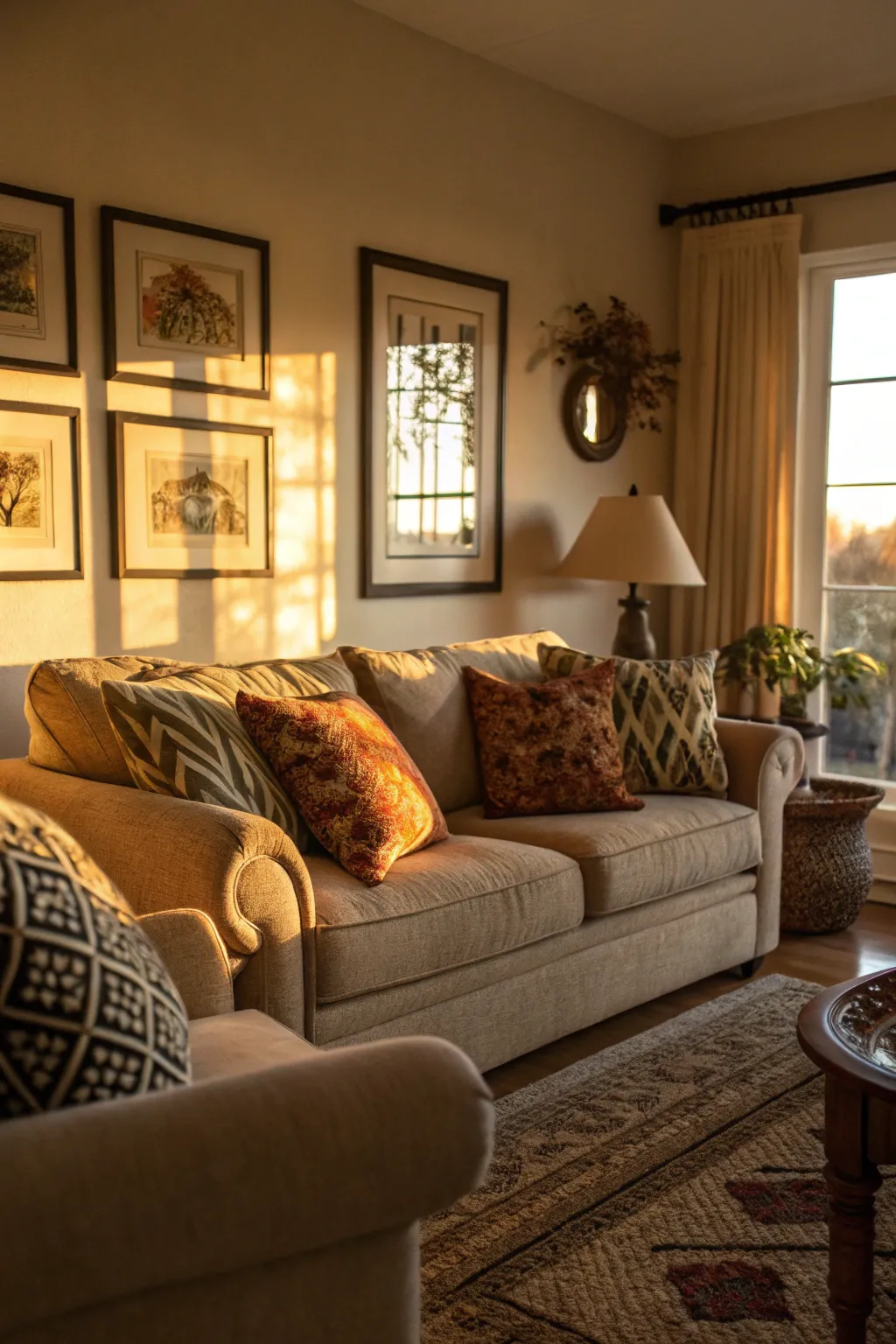 The gentle glow of the golden hour brings out the warmth and textures in your living room.