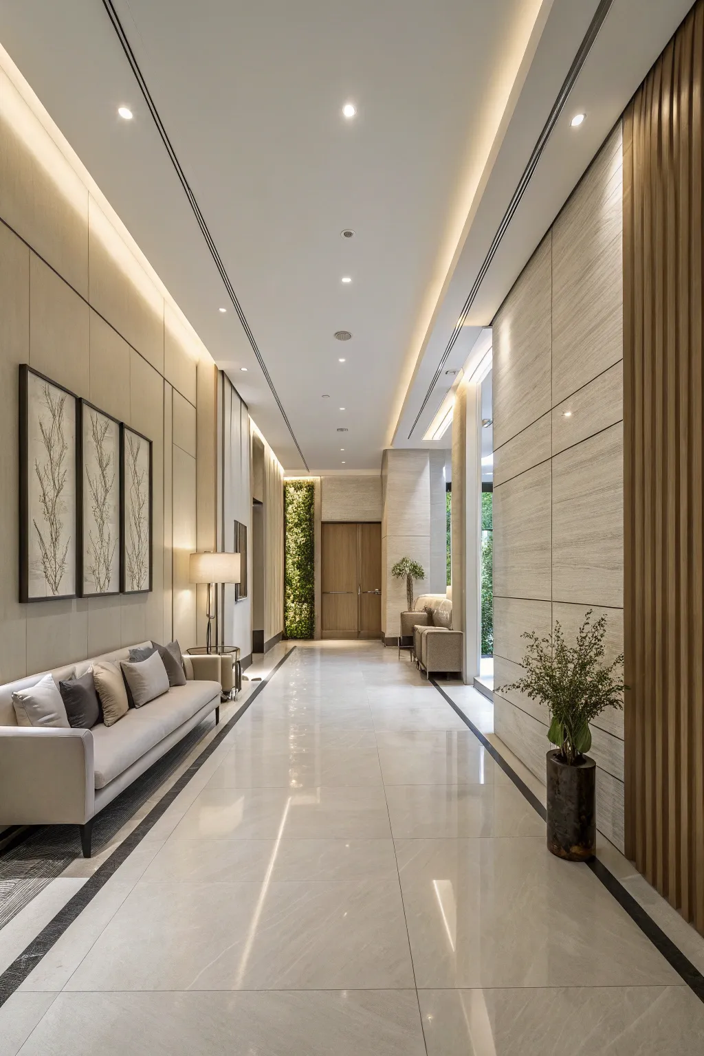A modern lobby design with a minimalist aesthetic.
