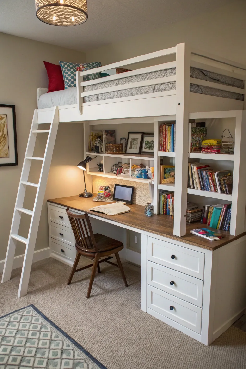 A study nook under a loft bed maximizes functionality.