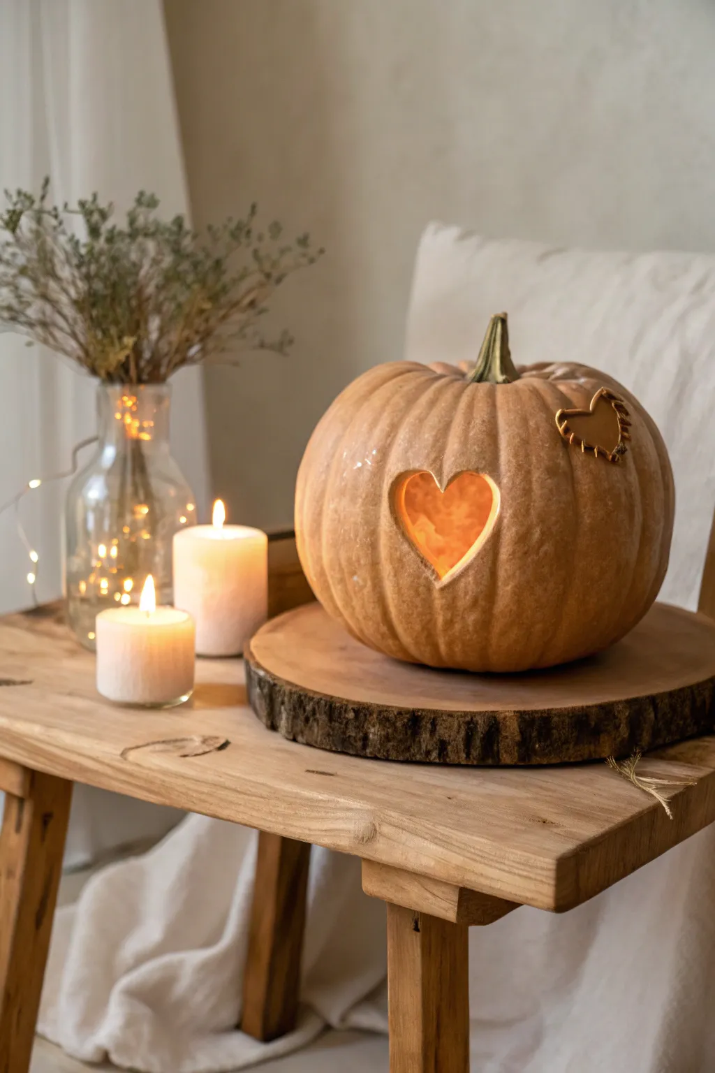 Illuminate your love this fall with a heart-carved pumpkin, blending minimalist elegance with a boho touch.