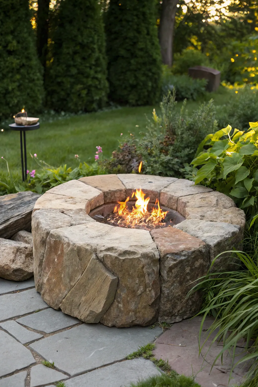 Embrace rustic elegance with a timeless stone circle fire pit, perfect for cozy gatherings in your backyard oasis.
