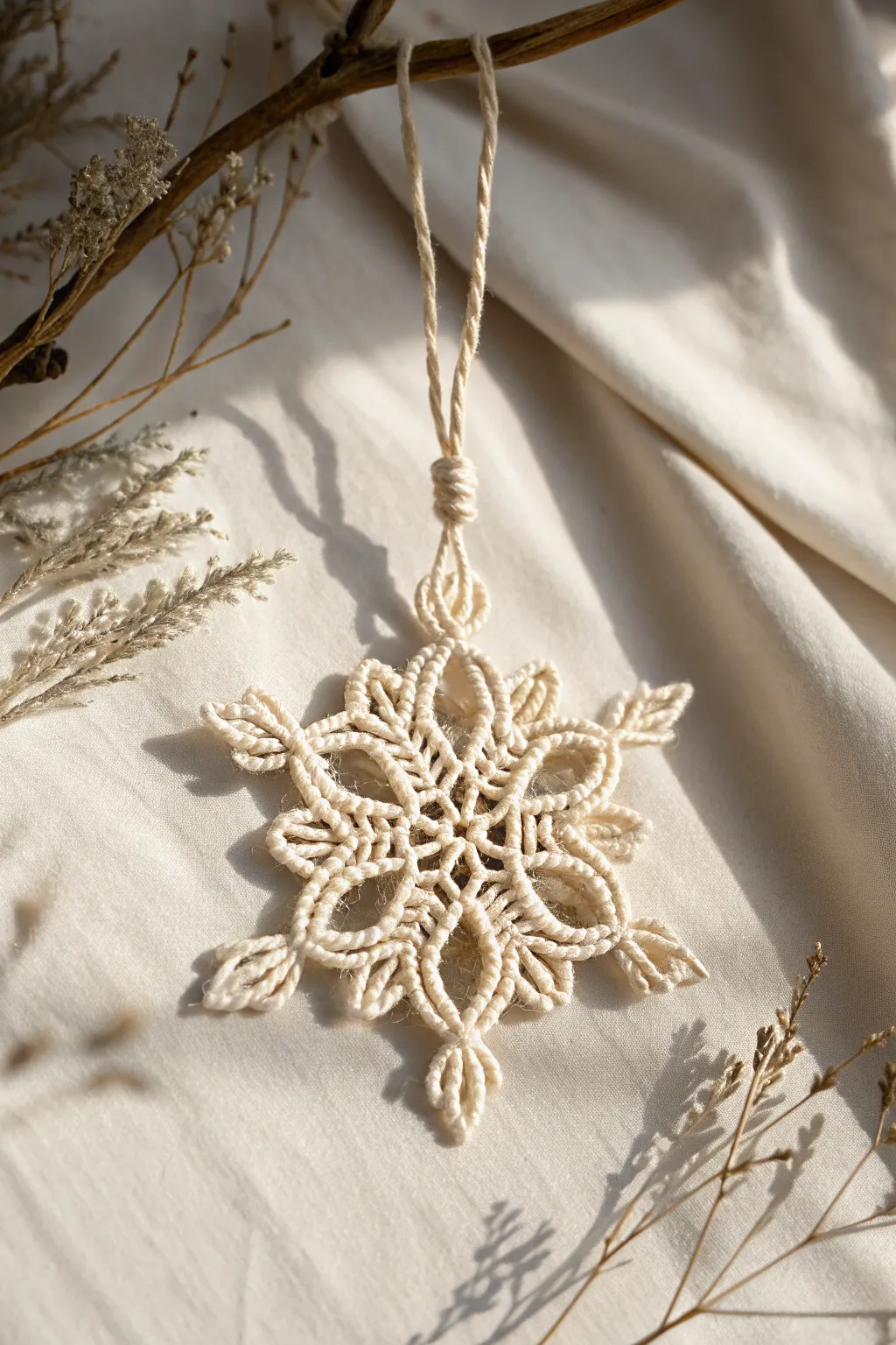 Embrace the beauty of simplicity with handcrafted macrame snowflakes for a serene holiday decor.