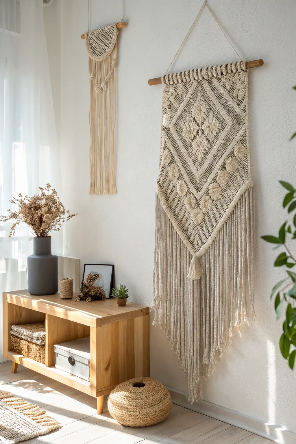 Elevate your space with chic macrame wall hangings, where craftsmanship meets natural beauty.