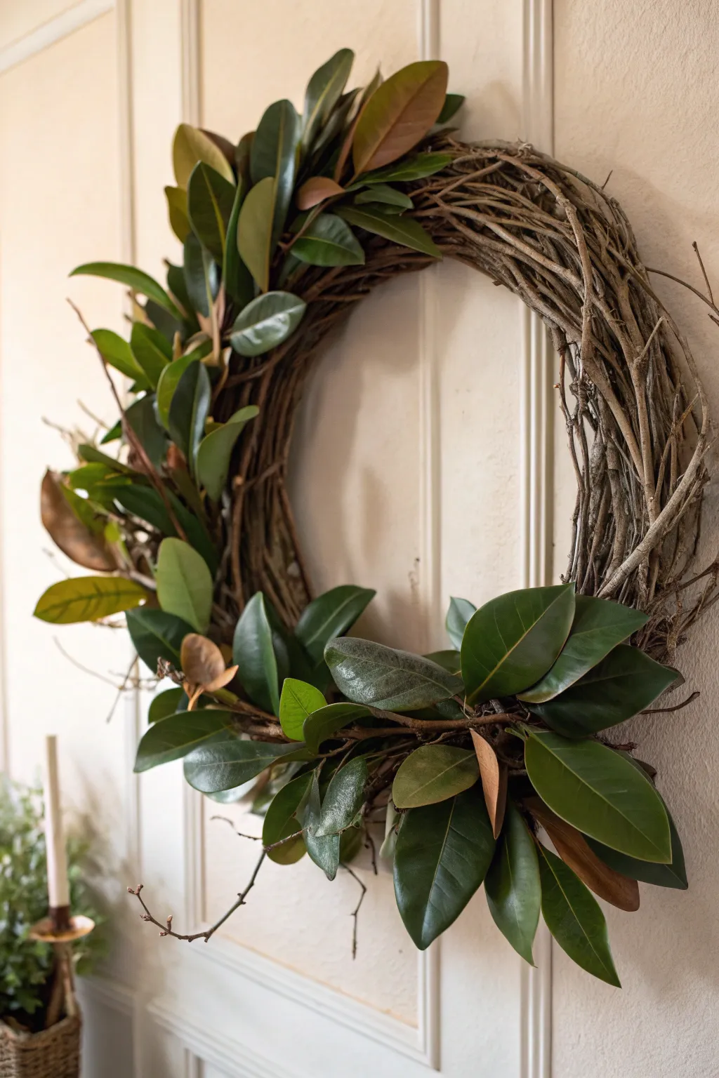 Elevate your space with the timeless elegance of a classic magnolia wreath. 🌿✨ #DIYDecor #ScandiBoho