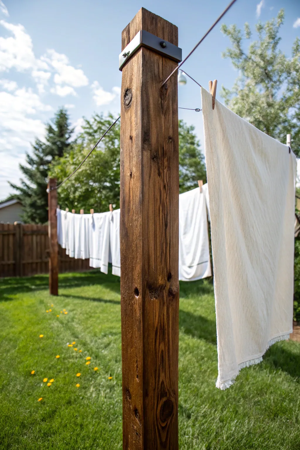 Embrace timeless craftsmanship with a classic wooden post clothesline.