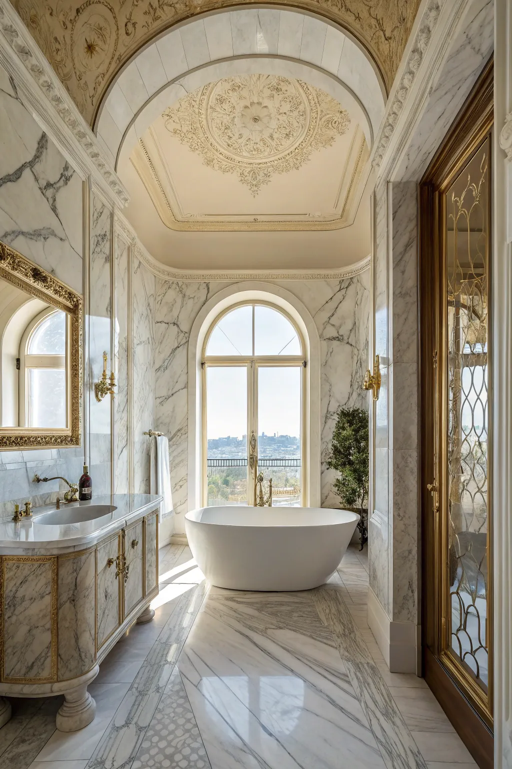 A marble-clad bathroom for a spa-like experience at home.