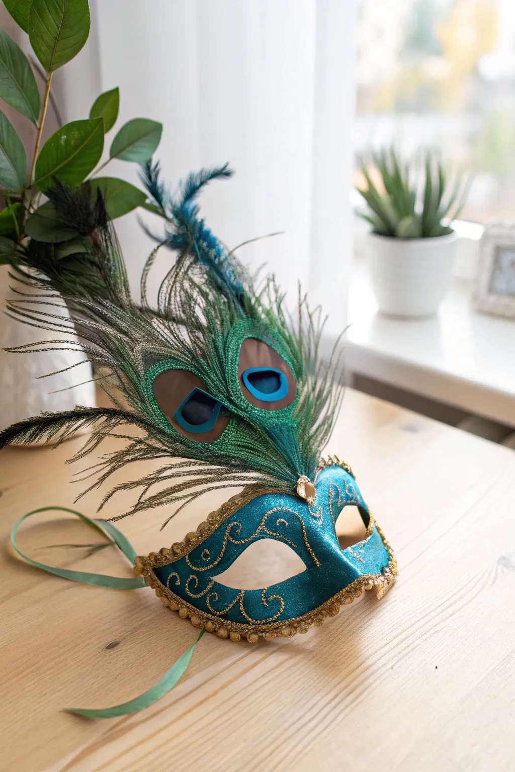 Embrace the magic of a Feathered Fantasy with this exquisite peacock-inspired mask.