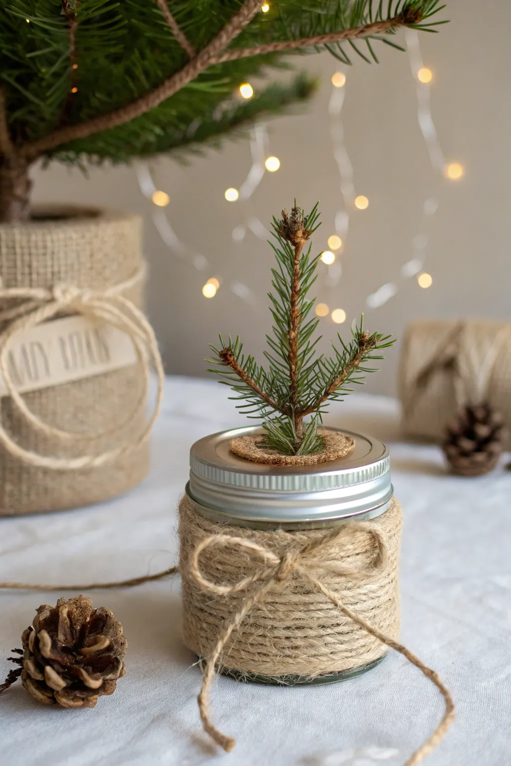 Embrace the beauty of simplicity with this charming burlap-wrapped mason jar lid ornament, perfect for adding a rustic touch to your holiday decor.