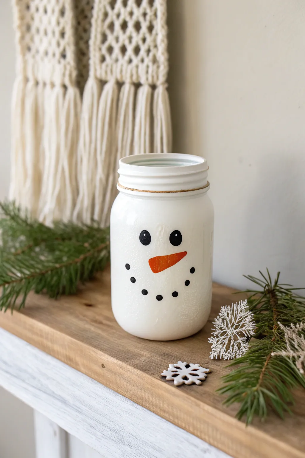 Charming simplicity: Transform a mason jar into a delightful snowman with just a few brushstrokes. Perfect for adding a touch of whimsy to your minimalist décor!