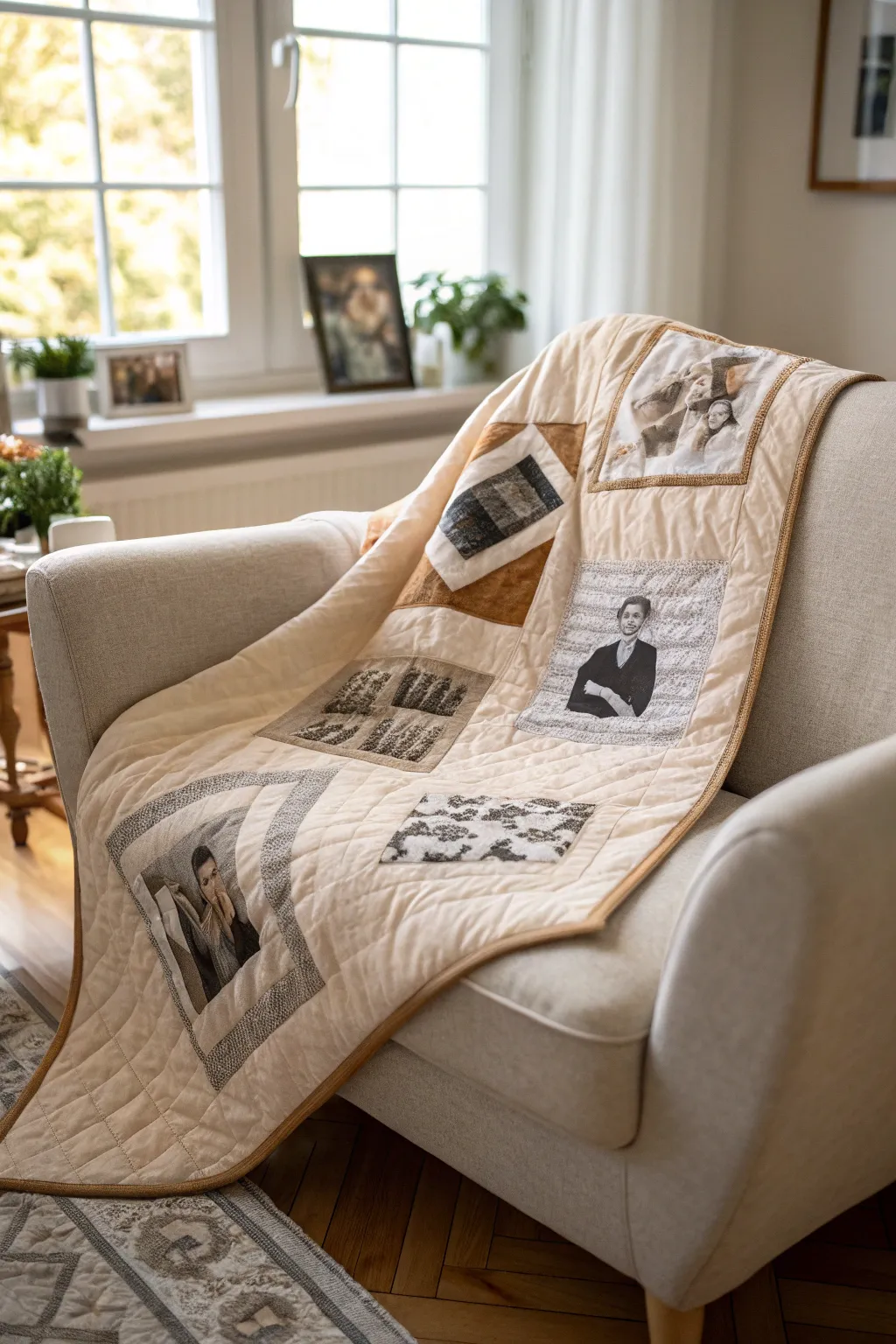 Capture memories in style with a minimalist photo-infused quilt, adding warmth and personal touch to your living space.