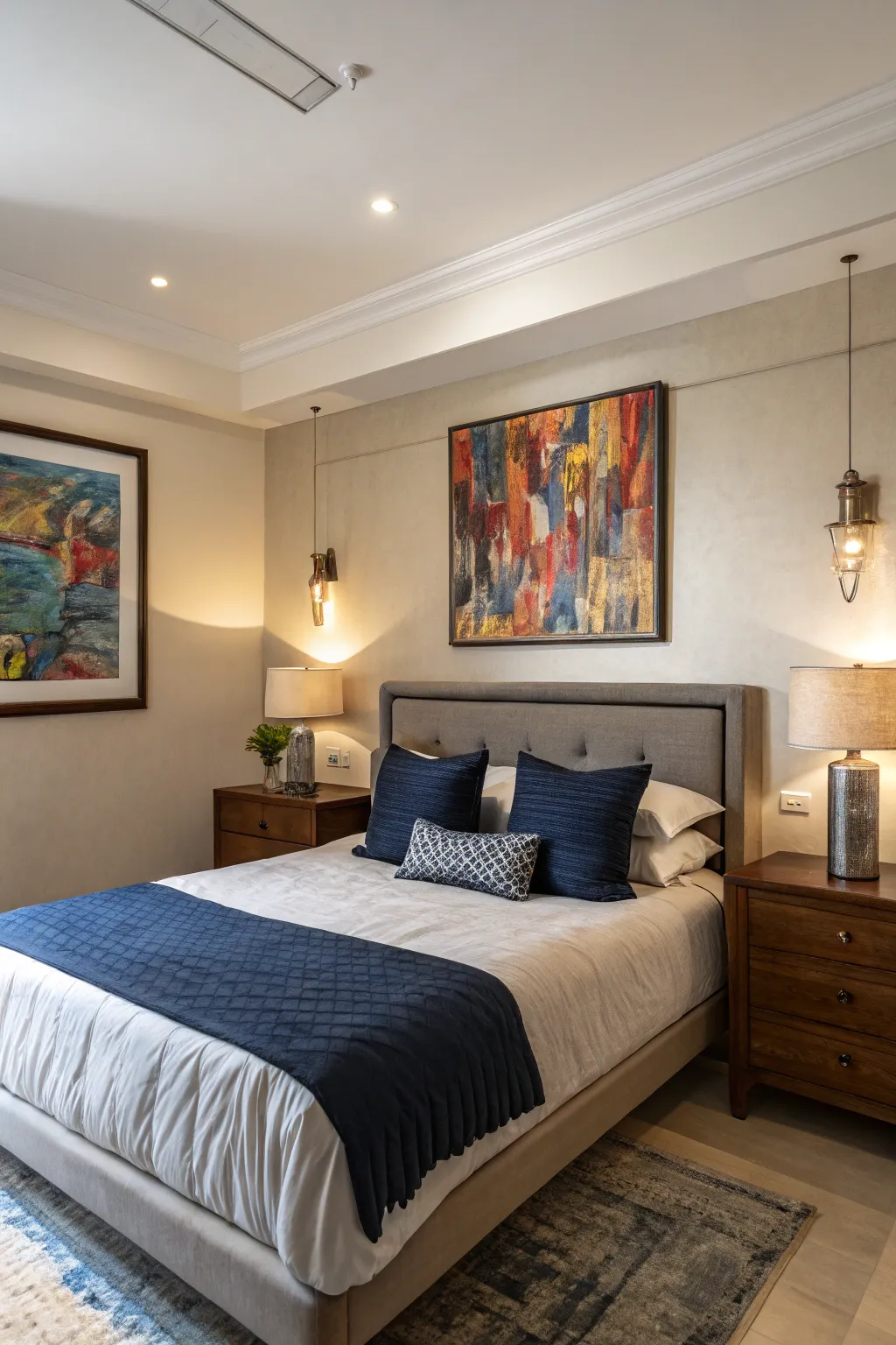 Neutral tones with punchy accents make for a stylish and budget-friendly bedroom.