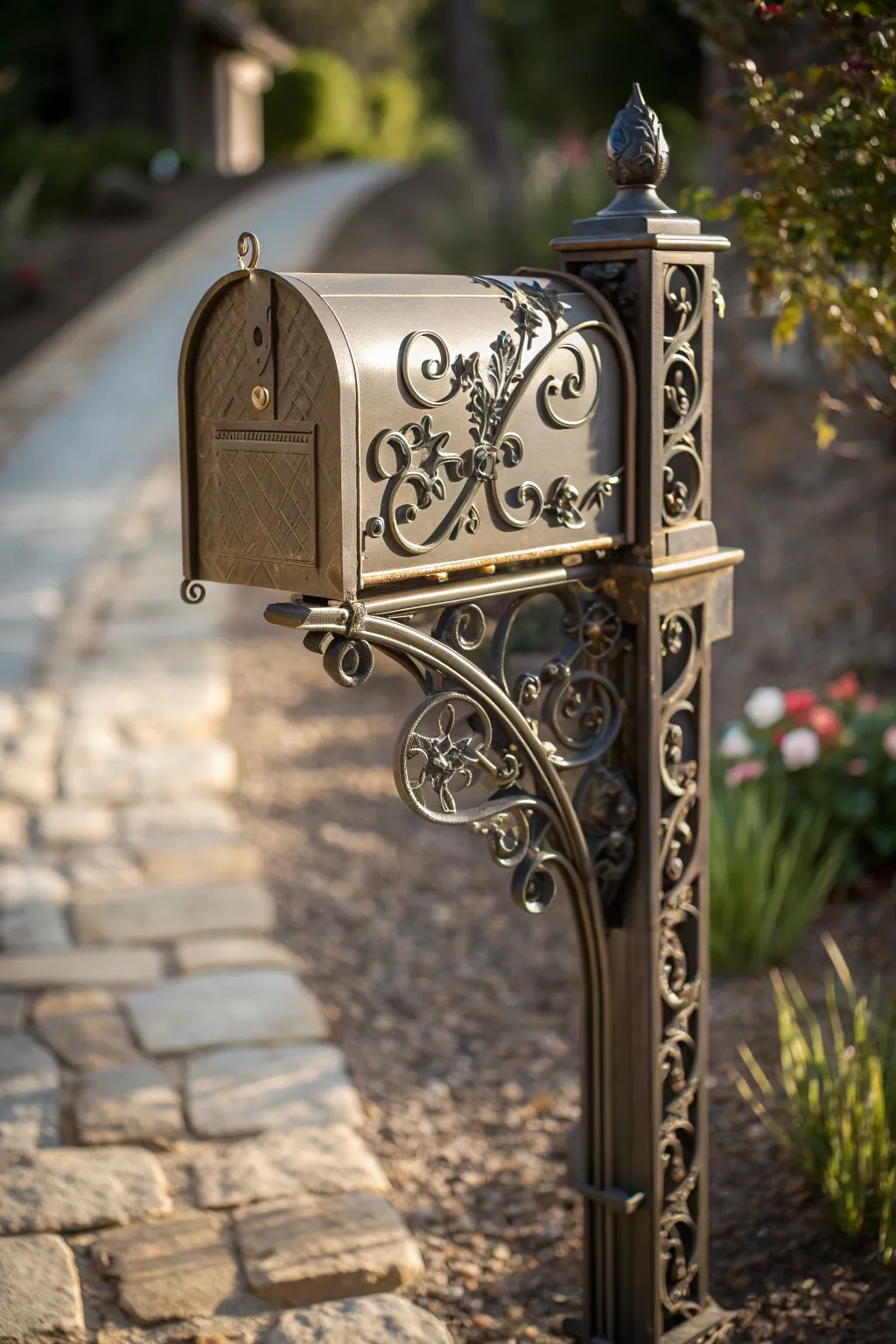 Transform your entrance with this stunning ornate metal mailbox post, where craftsmanship meets elegance.