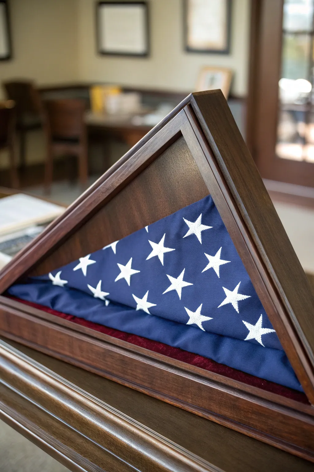 Honor the legacy with a timeless triangular flag display, where craftsmanship meets tradition.