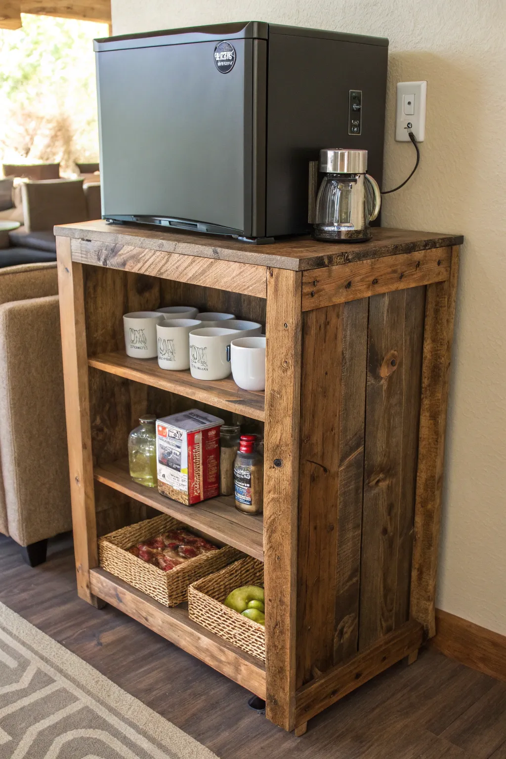 Elevate your space with a handcrafted mini fridge stand that combines storage and style.