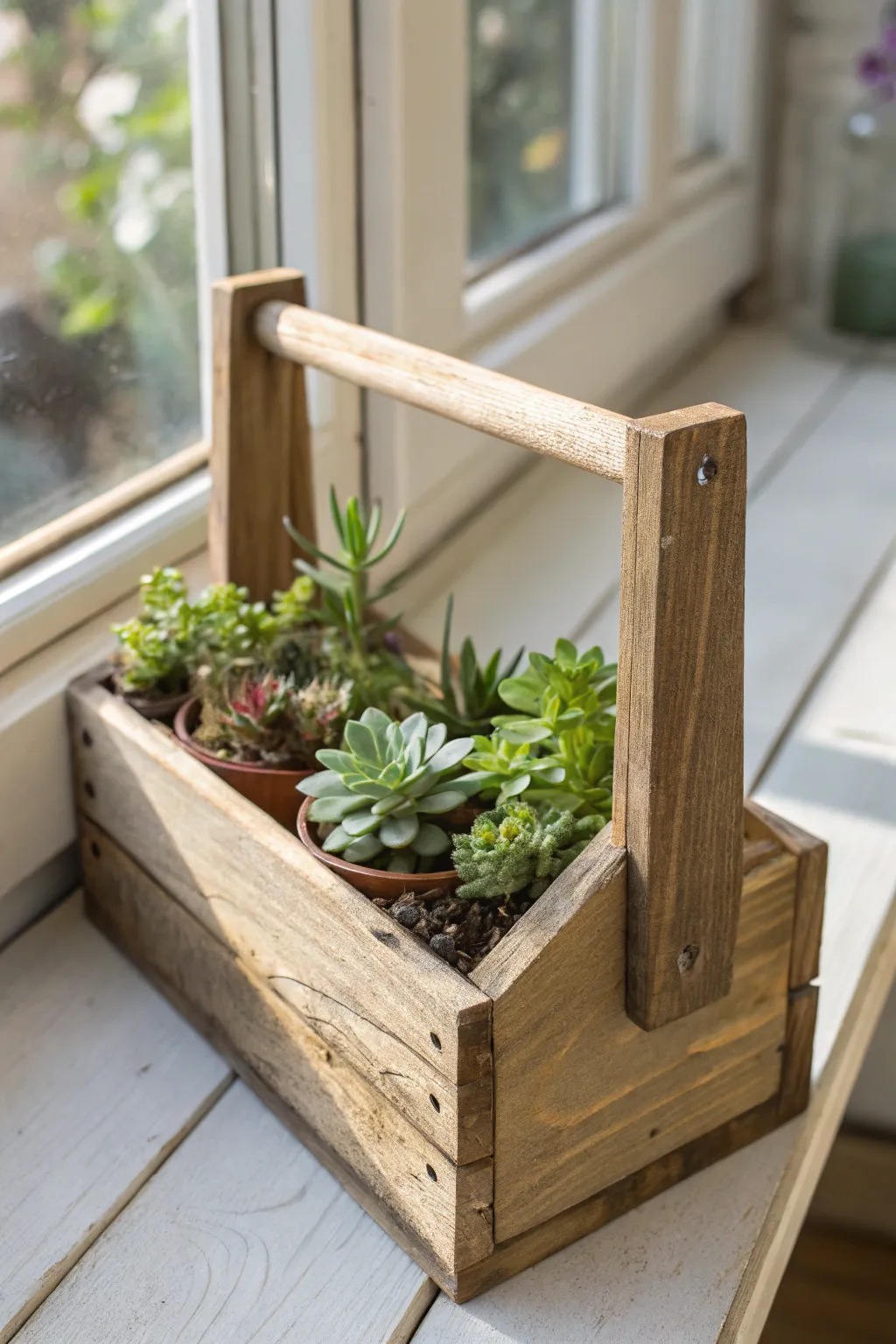 Elevate your space with handcrafted charm: a rustic mini crate succulent holder.