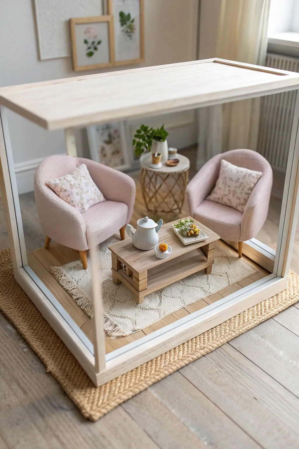 Discover the warmth and beauty of a miniature living room, where Scandinavian simplicity meets Boho elegance.